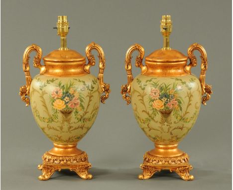 A pair of handpainted decorative table lamp bases.  Height excluding light fitting 34 cm. 