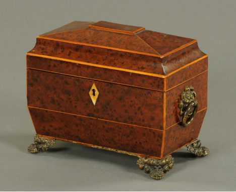 A burr elm tea caddy, circa 1810, with boxwood stringing, the interior with two burr wood lidded compartments with turned ivo