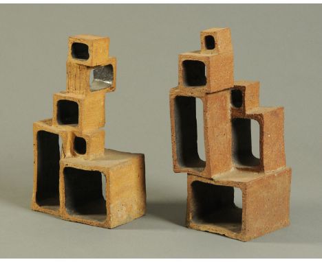 * Joan Brown. Two abstract slab block sculptures formed from hollow brick and cube shaped blocks, one in a chocolate brown fi
