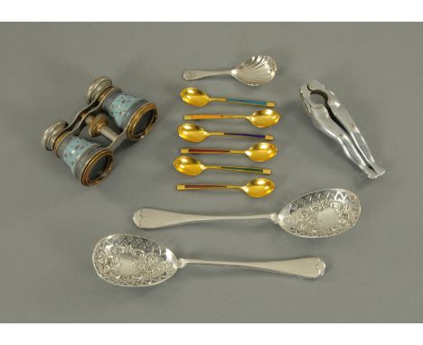 A set of six Danish enamelled coffee spoons, a pair of opera glasses, serving spoons, nutcracker and caddy spoon. 