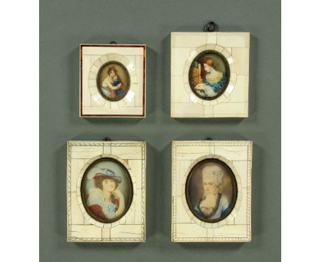 Four portrait miniatures, early 20th century, each in piano key ivory frames, the smaller example having a tortoise shell bor