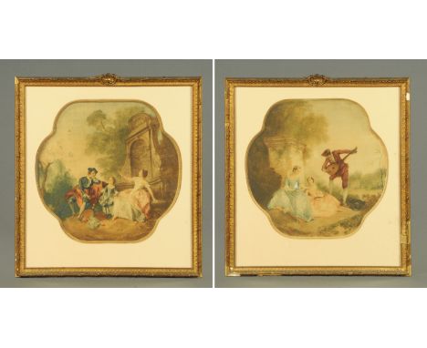 A pair of French prints on silk, each of shaped outline in gilt frame, 39 cm x 39 cm.
