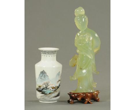 A Republic period miniature vase with hand painted landscape decoration and with four character Qianlong mark, and a carved j