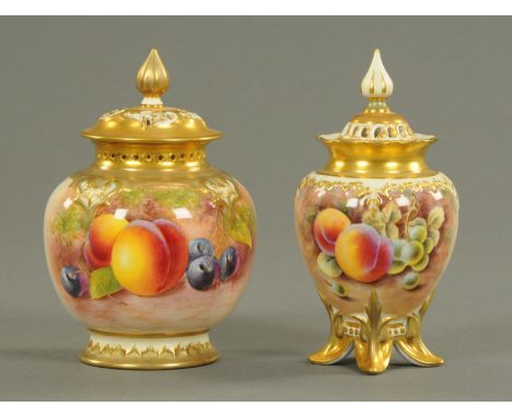 Two Royal Worcester vases with pierced covers, one painted with peaches and cherries on a melon body and signed Maybury, date