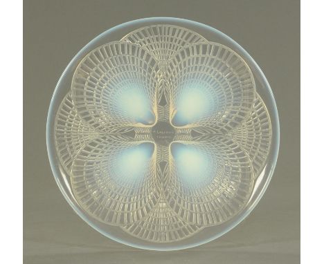 A Lalique "Coquille" opalescent glass plate, early 20th century, moulded with four scallop shells with opalescent centre, eng