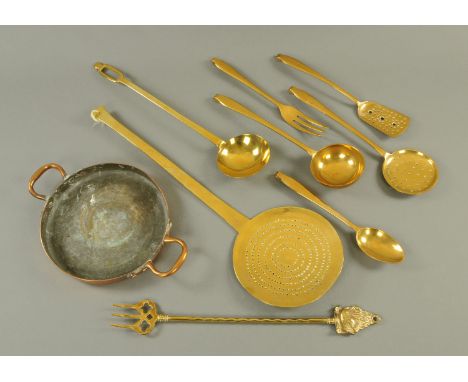 A quantity of brass skims, ladle, toasting fork and pan lid. 