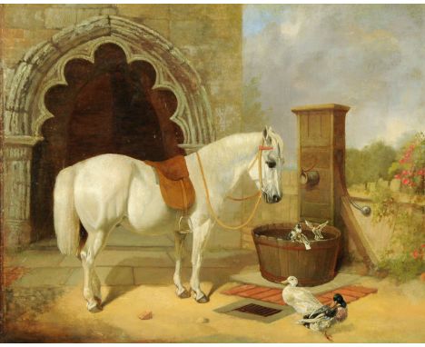 Oil painting on board, horse by drinking trough.  47 cm x 58 cm, framed.   CONDITION REPORT:  It is difficult to date this pi