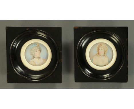 A pair of portrait miniatures of two ladies, early to mid 19th century, one wearing a pink bonnet and blue dress, the other w