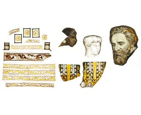 A small quantity of hand coloured stained glass, to include the head of a Saint, detailed in monochrome and heightened with y