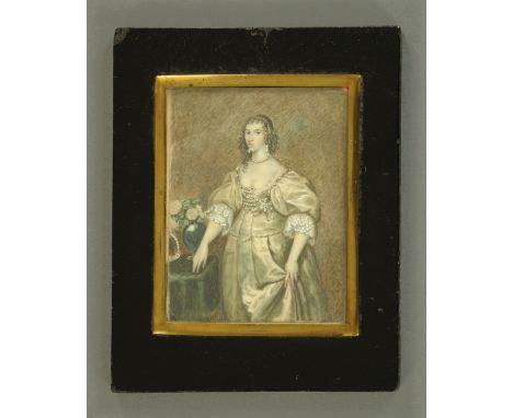 After Van Dyck, portrait miniature on ivory of Henrietta, Queen of Charles I, late 19th century, pictured wearing a gown with