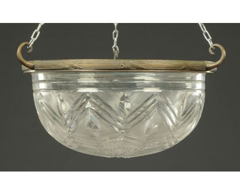 A cut glass ceiling light, early 20th century, the bowl with cut geometric decoration and with an oxidised metal suspension l