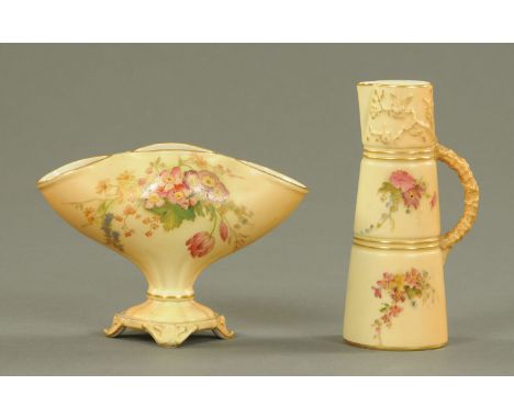 A Royal Worcester blush ground bulb vase, date code for 1910, fan shape, with floral spray decoration heightened with gilding
