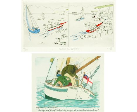 Tim Bulmer, (British 20th century), "Madness and Mayhem", signed, Limited Edition handcoloured engraving, 68/200, plate 14.5 