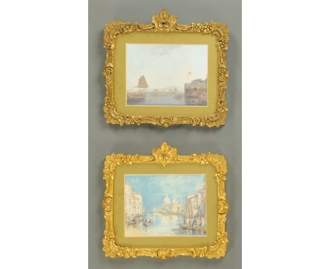 Two prints, one a Chinese scene the other Venice.  Each 14 cm x 18.5 cm, in Edwardian gilt frames.     CONDITION REPORT:  The