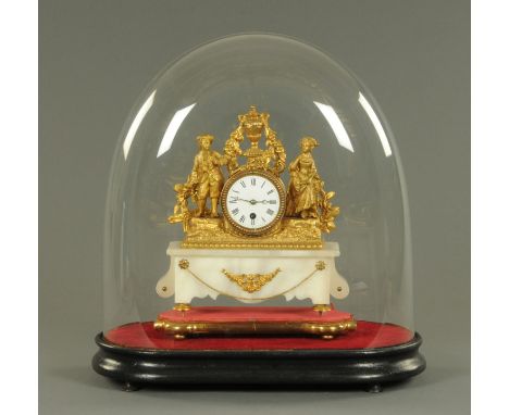 A gilt metal mantle clock, circa 1880, having an enamel dial with Roman numerals, flanked by a gallant and his lady companion