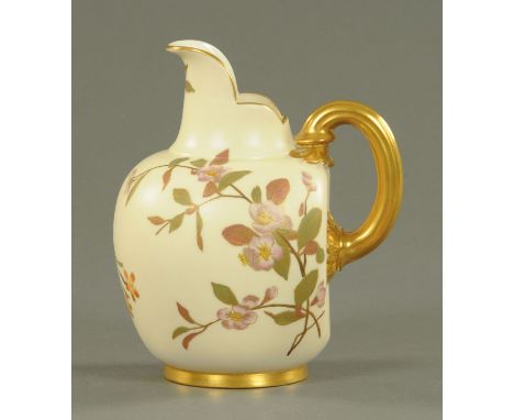 A Royal Worcester ivory ground flat back jug, date code for 1891, Shape No. 1094, handpainted with an arrangement of floral s