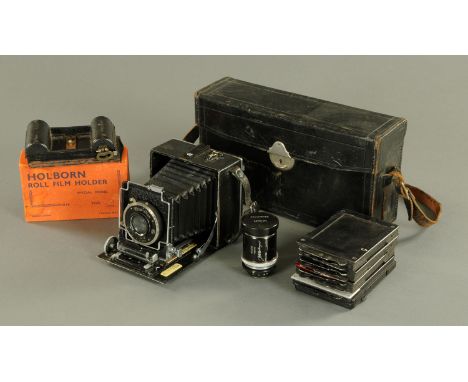 A vintage Zeiss Icon Compur folding plate camera, a Dallmeyer Adon telephoto lens and Holburne roll film holder.  