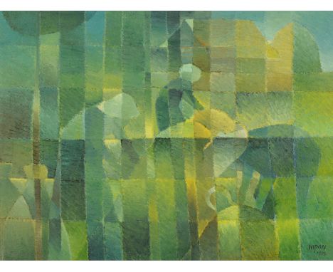 Nipon, (20th century), "Bringing In the Harvest", abstract, signed and dated 1979. thick oil on canvas.  59 cm x 78.5 cm. 