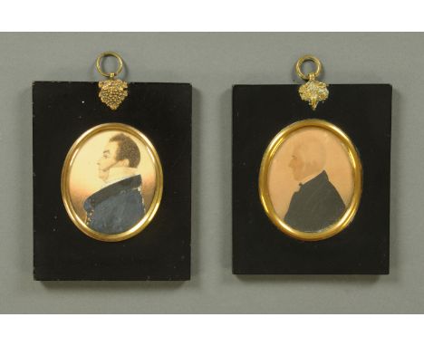 Two portrait profile miniatures, early 19th century, one of a fashionable gentleman with enviable sideburns and wearing a hig