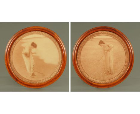 A pair of Edwardian prints, in the Art Nouveau style.  Diameter 50 cm, each in mahogany frame.