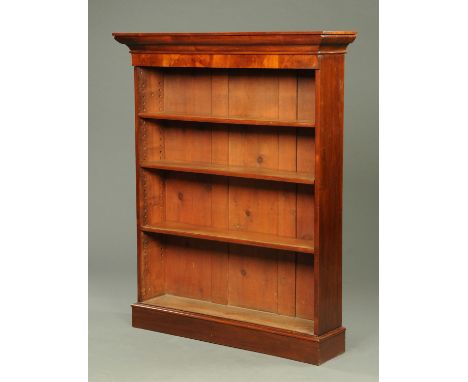 A Victorian mahogany open bookcase, with moulded cornice above a crossbanded frieze, series adjustable shelves with plinth be