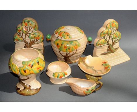 A small collection of Oak Tree pattern Carltonware, mid 20th century, comprising pair of bookends, waisted vase, biscuit barr