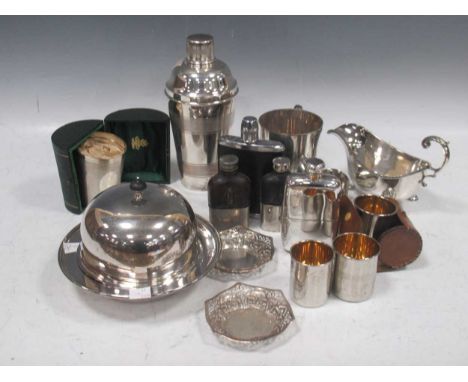 Two silver bottle labels, also a large quantity of silver plated items to include Mappin and Webb 'Toast' rack, Cocktail shak