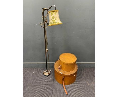 Two circular hat boxes, 3 copper warming pans, and a small standard lamp