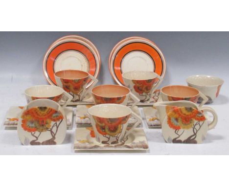 A composed Clarice Cliff Rodanthe pattern tea service, comprising six cups and saucers, six rectangular sandwich plates, suga
