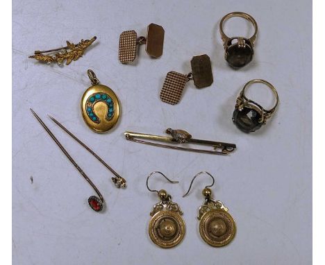 A turquoise (one lacking) pendant tested as 15ct gold, and grey partridge bird brooch stamped '15CT PLAT', gross weight 7.5g,