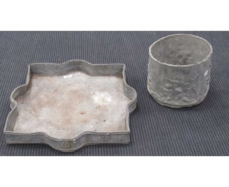 A lead planter of circular form, with scenes of putti hunting stags, in the 18th century style, 20 x 23cm diam, together with