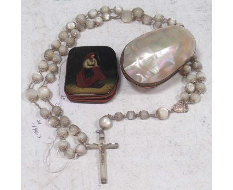 A hardstone bead rosary chain in mother of pearl shell case, late 19th century, and a painted lacquered cover purse with fema