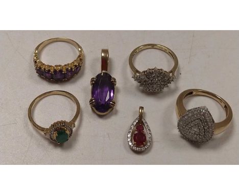 Four hallmarked 9ct gold rings, together with an amethyst pendant tested as 9ct gold and a hallmarked 9ct gold ruby pendant, 