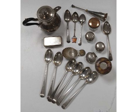 A collection of silverware including flatware, snuff box, silver topped glass jars, continental metalwares jug etc 381g (12oz