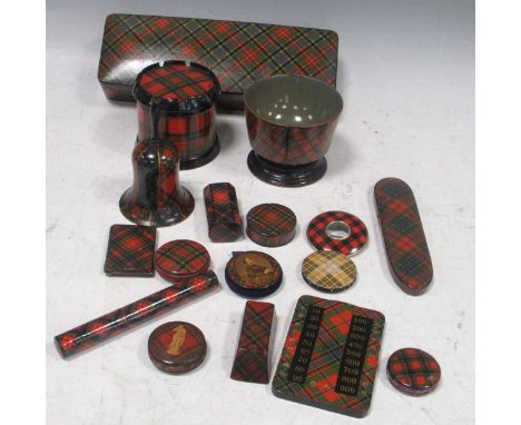 A collection of vintage Tartanware, including a castellated string box, glove box etc.