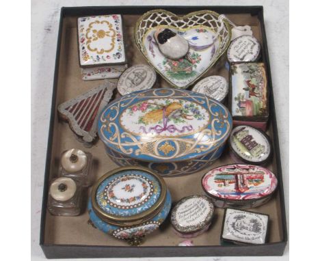 Collection of 19th century enamelled patch boxes, variously decorated with vignettes and mottos "No Friend like the No Pleasu