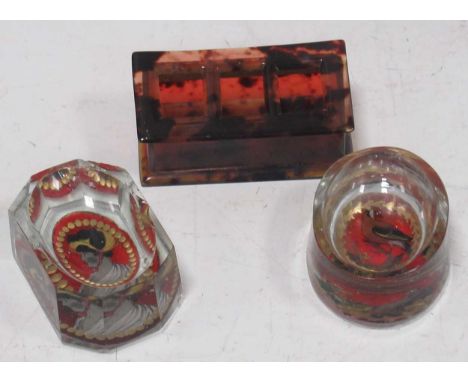Two Bohemian glass salts, one with portrait to base, the other with a bird; together with a faux tortoiseshell stamp case and