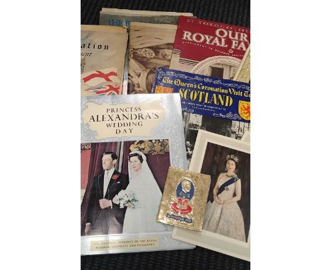 A box of Royal ephemera share certificates, Churchill plaster figure, photograph of Banff, sampler and needlework etc (qty)