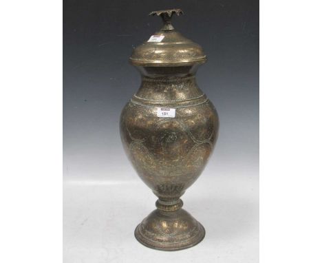 An Indian brass large vase and cover circa 1900, of pedestal baluster shape, engraved with hunting dogs, athletes and scrolli