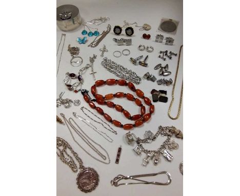 A collection of costume and silver jewellery together with a silver pencil and a silver trinket box
