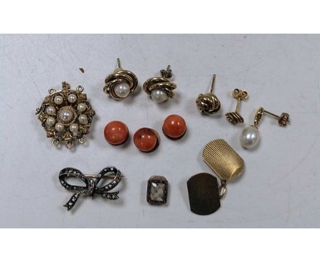 A hallmarked pearl clasp set with pearls, a pair of hallmarked pearl earrings, three hallmarked 9ct gold odd earrings, three 
