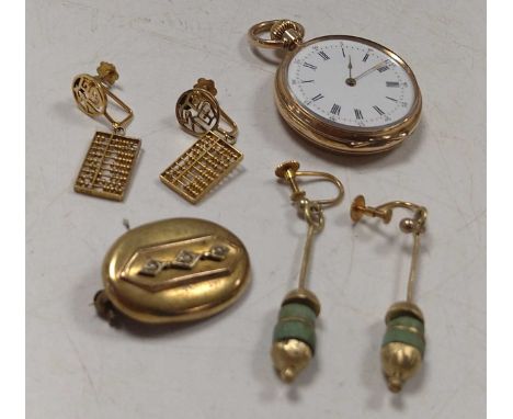 An open face pocket watch stamped '14K', a pair of abacus style earrings stamped '14K', a split pearl brooch with Austrian ma