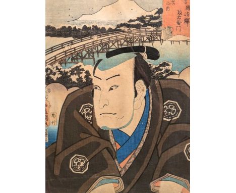 A Group Of Three Kunisada (1786-1865) Woodblock Prints to include a portrait of the Kabuki actor, Nakamura Utaemon IV in the 