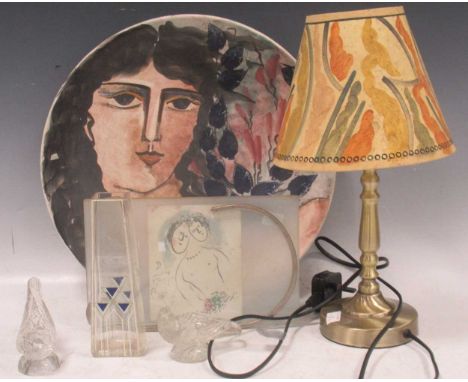 Attributed to Barolac, two frosted and clear glass bird, together with a Bloomsbury inspired lampshade by Madeleine Bradbury,