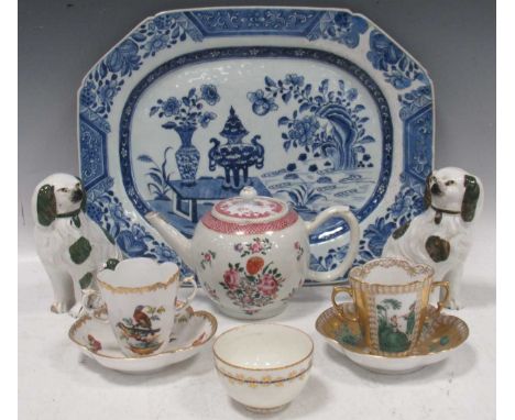 19th century Chinese porcelain plate of rectangular form, the centre decorated with censer and vase on a low table (restored)