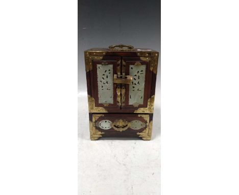 A Chinese 1950s hardwood and jade panelled jewellery cabinet25 x 17.5 x 13cm