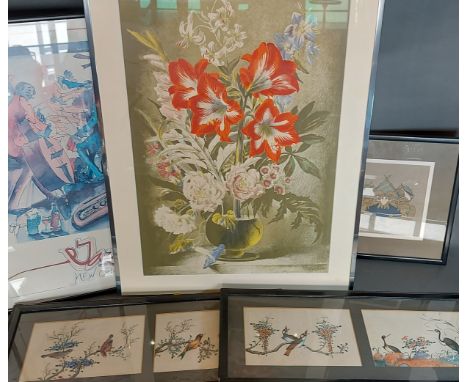 A pair of watercolours on silk together with a print after Gerald Cooper and two of other pictures 