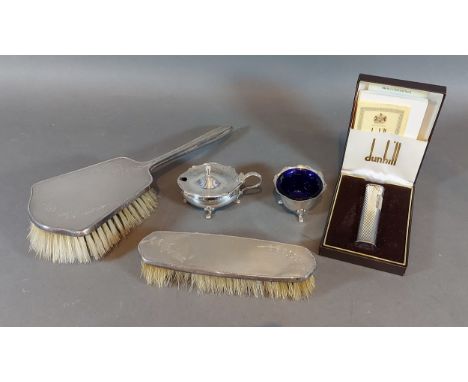 A Birmingham silver backed two piece dressing table set together with a Birmingham silver salt and mustard and a Dunhill ligh