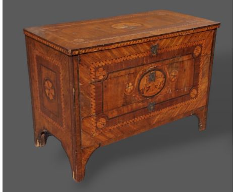 An 18th Century North Italian walnut and marquetry inlaid commode with three drawers raised upon bracket feet, 122cms wide, 5