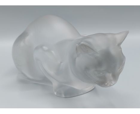 A Lalique glass model of a crouching cat, Chat Couche, 23cms long 